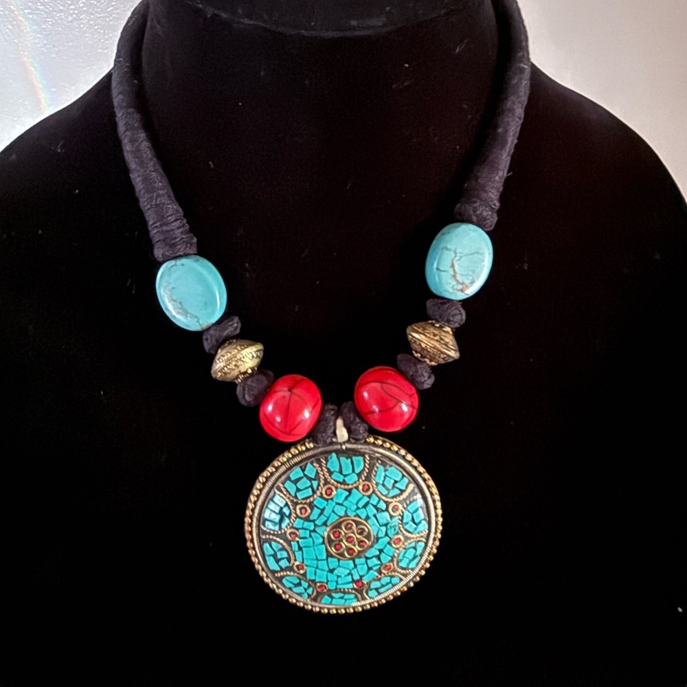 Turquoise and Red Beaded Necklace